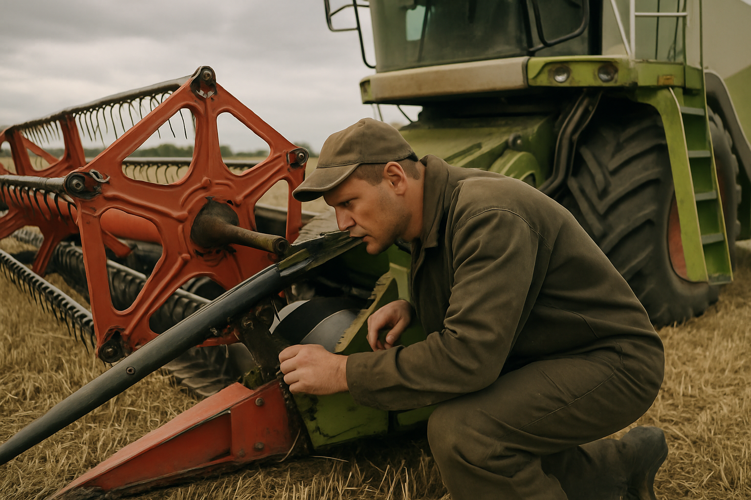 Mechanikas tikrina kombainą lauke: apžiūra prie hedžio ir variklio vėlyvą vasarą