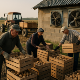 Vėlyvųjų bulvių krovimas prie vėdinamos saugyklos, dėžės ir ventiliatoriai