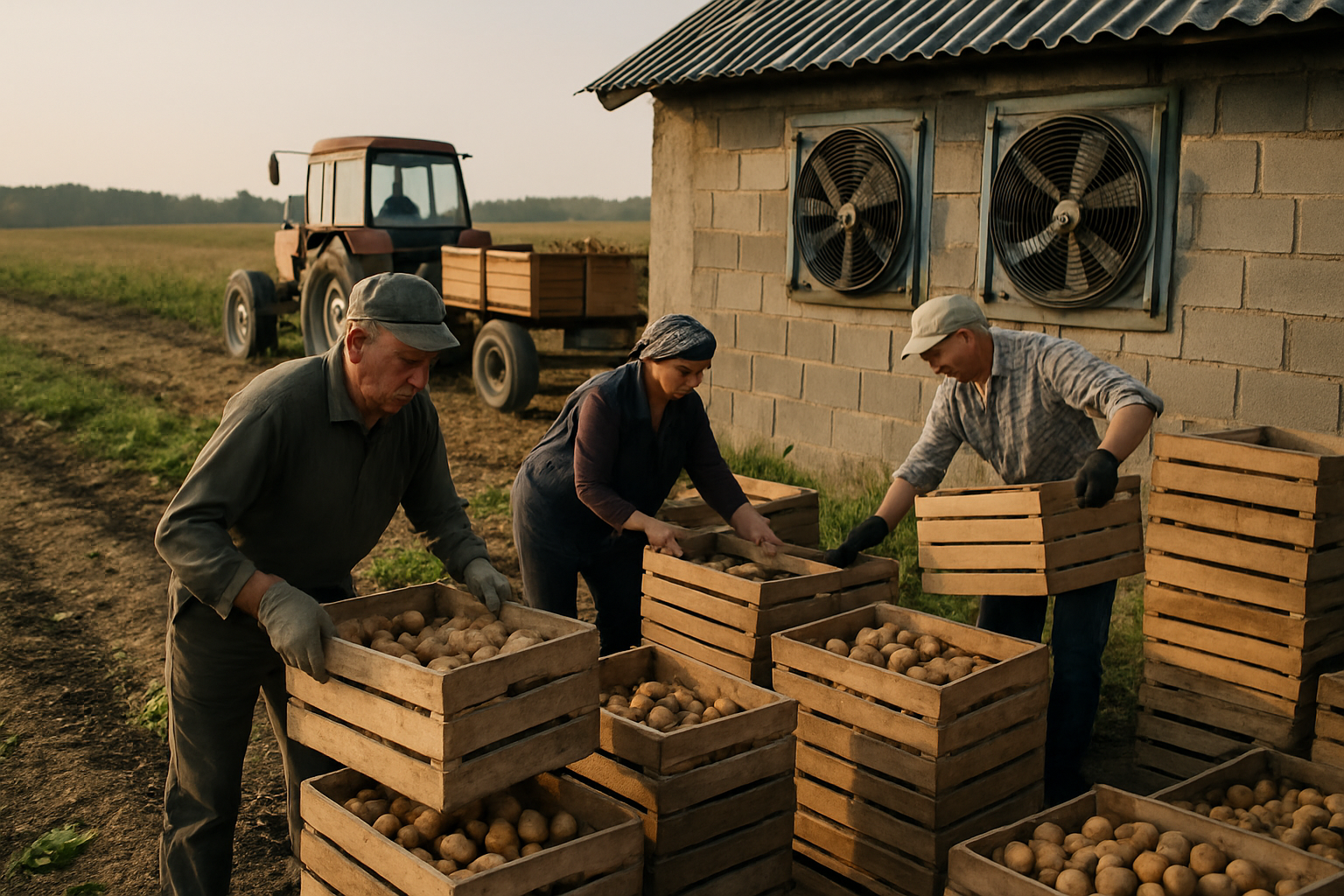 Vėlyvųjų bulvių krovimas prie vėdinamos saugyklos, dėžės ir ventiliatoriai