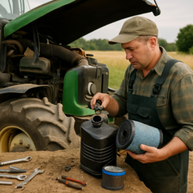 Mechanikas tikrina traktoriaus kuro baką ir oro filtrą lauke vėlyvą vasarą