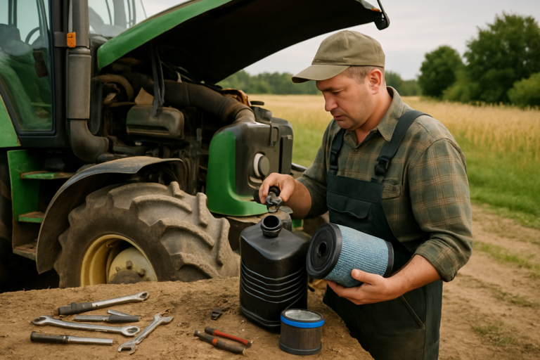 Mechanikas tikrina traktoriaus kuro baką ir oro filtrą lauke vėlyvą vasarą