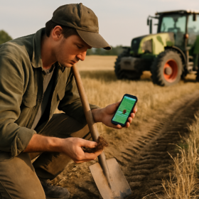 Ūkininkas rugpjūčio lauke tikrina pravažiavimo žymes ir kastuvo kastą, matomas išmanusis telefonas su GPS tašku.
