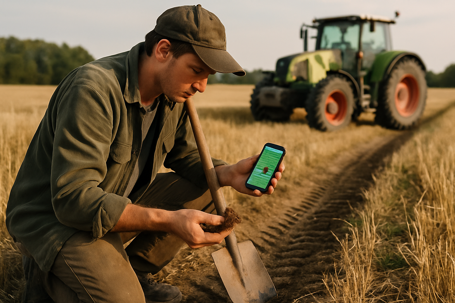 Ūkininkas rugpjūčio lauke tikrina pravažiavimo žymes ir kastuvo kastą, matomas išmanusis telefonas su GPS tašku.