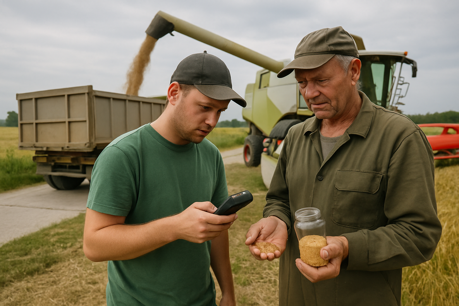 Ūkininkas ir darbuotojas tikrina grūdų ėminį prie priėmimo aikštelės su drėgmės matuokliu