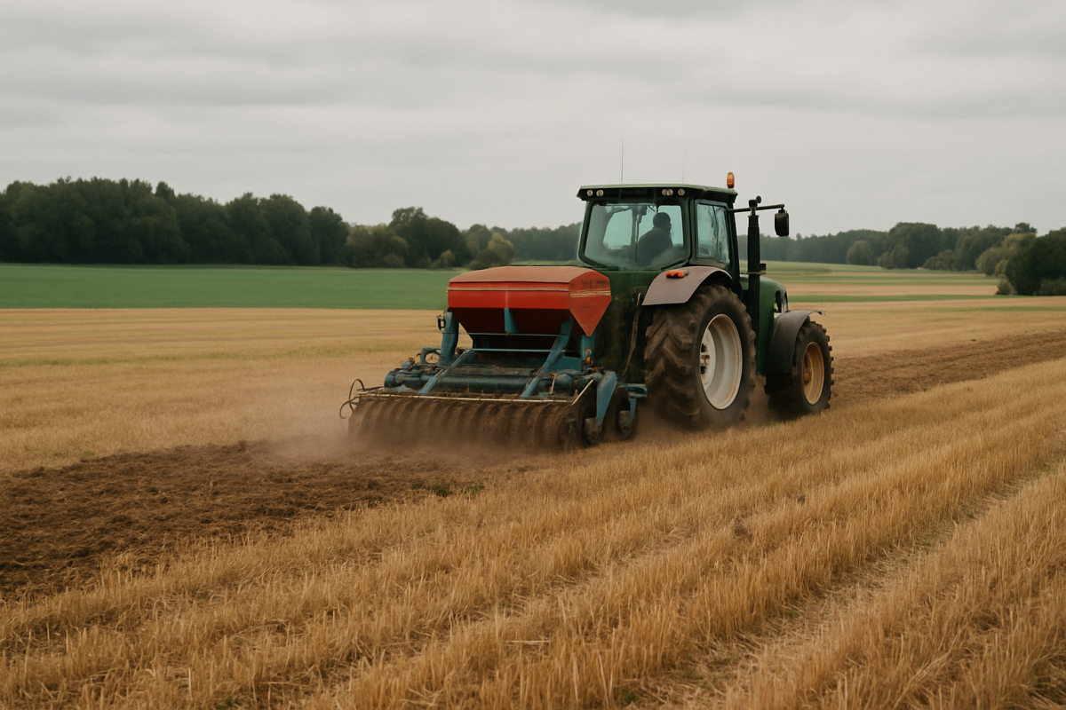 Traktorius sėja žaliąsias trąšas į vasarą likusį lauko stubble, vėlyvas vasaros apšvietimas