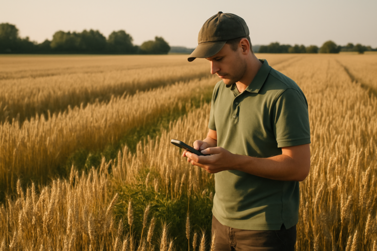 Ūkininkas lauke rugpjūčio pradžioje žymi problemines laukų vietas su telefonu/GPS