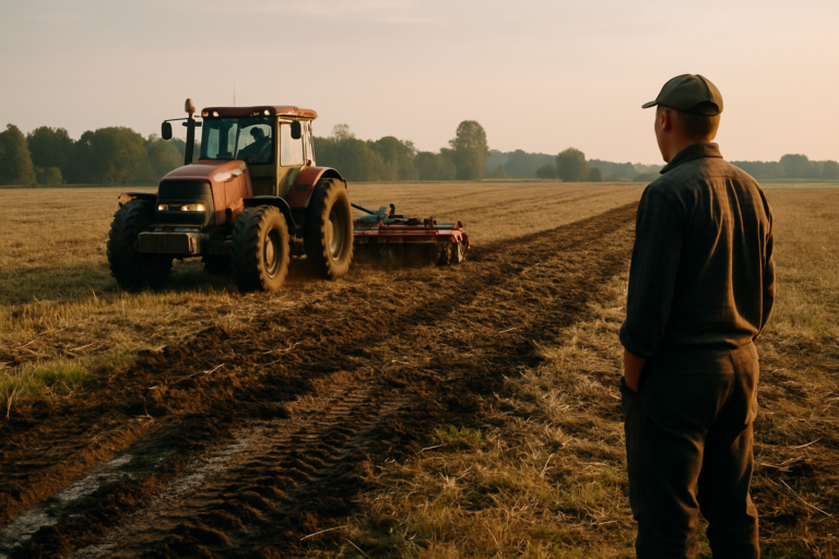Traktorius dirba lauke vėlų vasarą: mechaninis augalinių liekanų įterpimas prieš rudeninę sėją