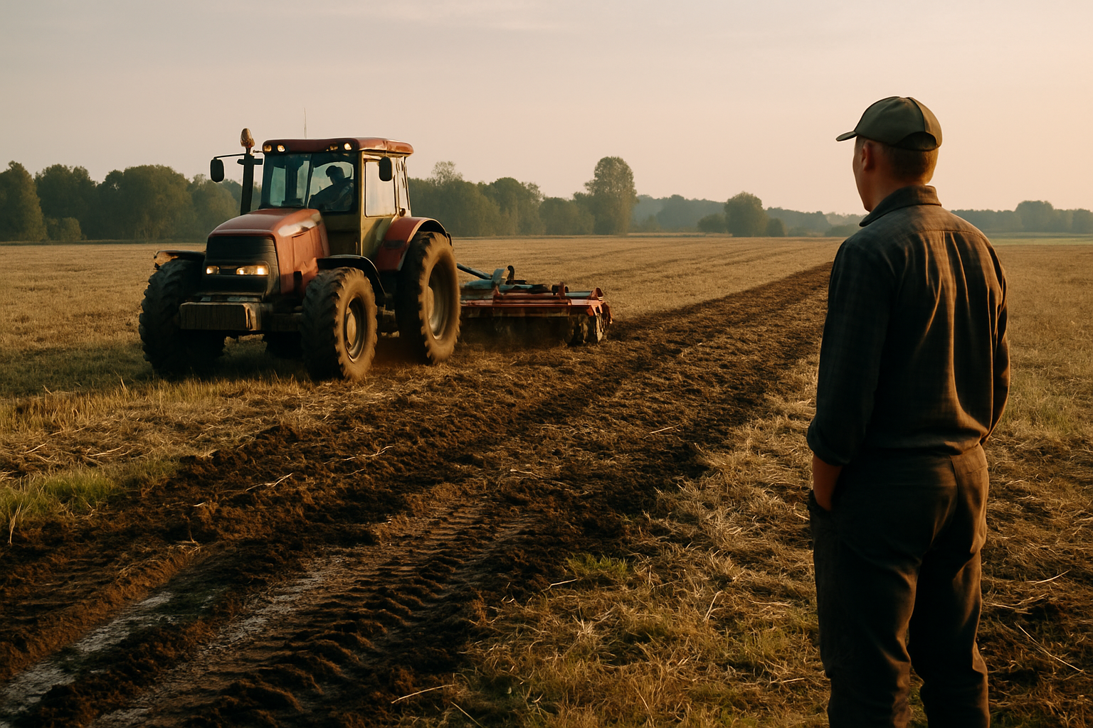 Traktorius dirba lauke vėlų vasarą: mechaninis augalinių liekanų įterpimas prieš rudeninę sėją
