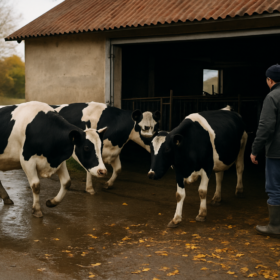 Pieninės karvės rudenį įeinančios į tvartą prižiūrimos ūkininko