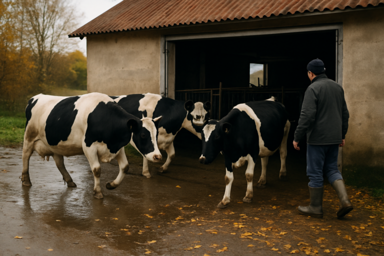 Pieninės karvės rudenį įeinančios į tvartą prižiūrimos ūkininko