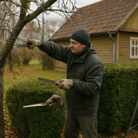 Kaimietis genintis gyvatvorę ir vaismedį rudenį prie sodybos
