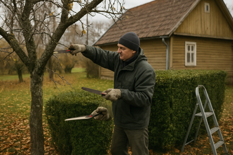 Kaimietis genintis gyvatvorę ir vaismedį rudenį prie sodybos