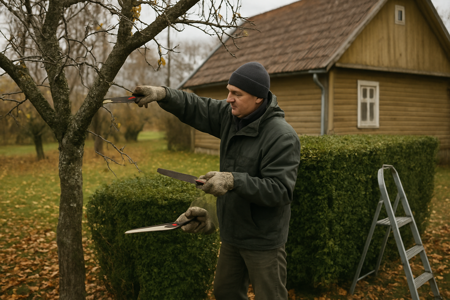 Kaimietis genintis gyvatvorę ir vaismedį rudenį prie sodybos