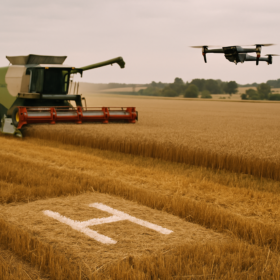 Kombainas lauke per derliaus nuėmimą, šalia sklandus dronas virš pažymėtos nusileidimo zonos