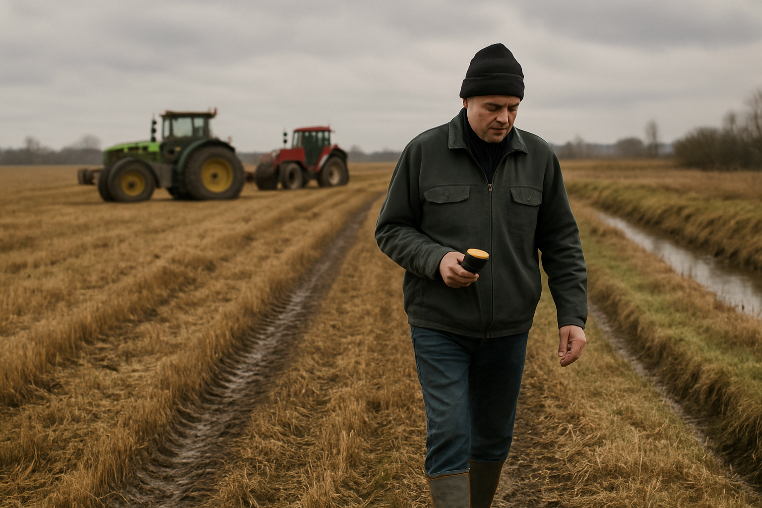 Ūkininkas apžiūri po derliaus lauką: matomos traktorių žymės, mažos užtvenktos vietos ir GPS įrenginys rudenį.